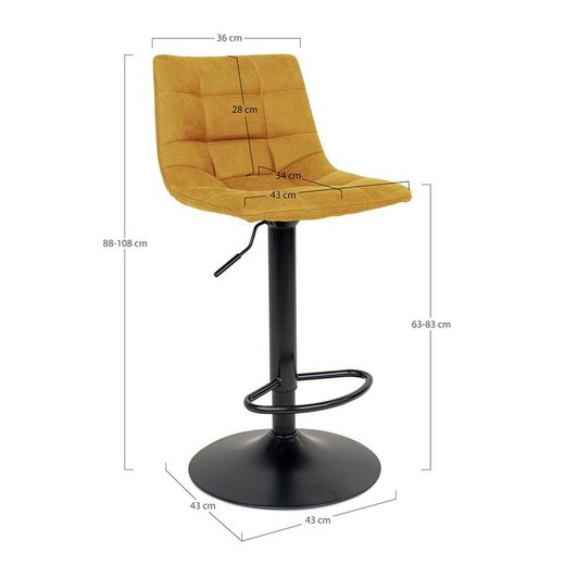 Sgabello alto regolabile in altezza, 43 x 43 x 108 cm, in velluto color mostarda | Collezione Middelfart