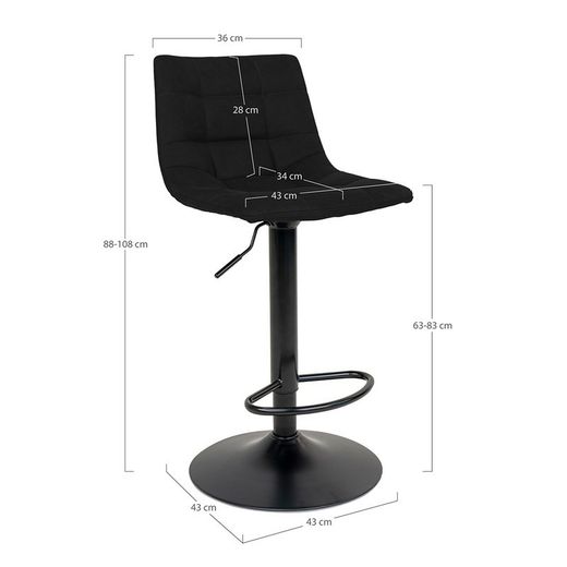 Sgabello alto regolabile in altezza, 43 x 43 x 108 cm, in velluto nero | Collezione Middelfart