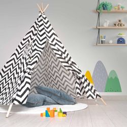 Tenda per bambini Montessori, 120 x 120 x 150 cm, in legno di paulownia e tessuto bianco e nero | Collezione Koda