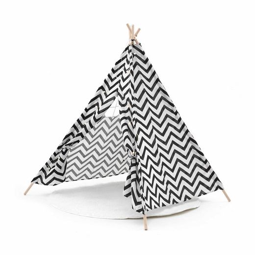 Tenda per bambini Montessori, 120 x 120 x 150 cm, in legno di paulownia e tessuto bianco e nero | Collezione Koda