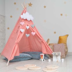 Tenda per bambini Montessori, 80 x 80 x 110 cm, in legno di paulownia e tessuto rosa | Collezione Kalpana