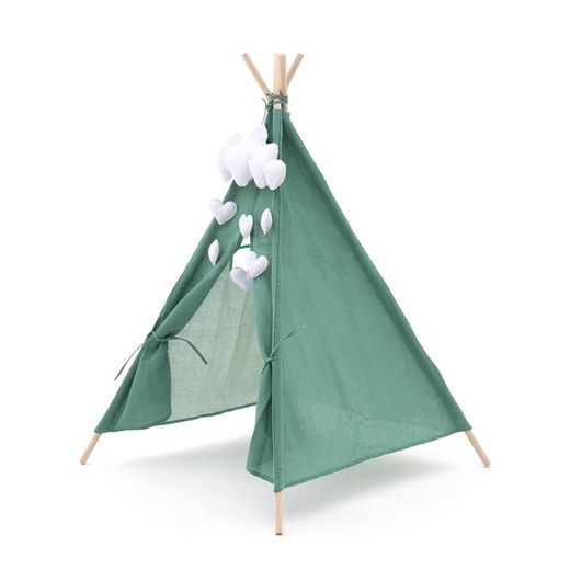 Tenda per bambini Montessori, 80 x 80 x 110 cm, in legno di paulownia e tessuto verde | Collezione Kalpana