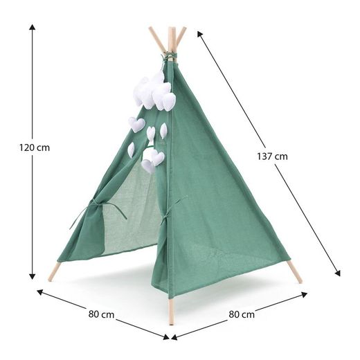 Tenda per bambini Montessori, 80 x 80 x 110 cm, in legno di paulownia e tessuto verde | Collezione Kalpana