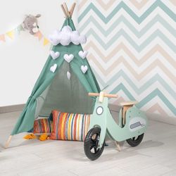Tenda per bambini Montessori, 80 x 80 x 110 cm, in legno di paulownia e tessuto verde | Collezione Kalpana