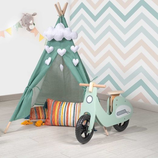 Tenda per bambini Montessori, 80 x 80 x 110 cm, in legno di paulownia e tessuto verde | Collezione Kalpana