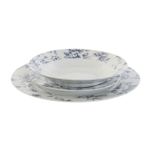 Servizio da tavola in porcellana da 18 pezzi bianco e blu | Collezione Floreale Blu