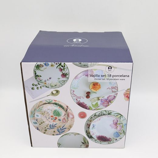 Vajilla de 18 piezas de porcelana en multicolor | Colección Flores