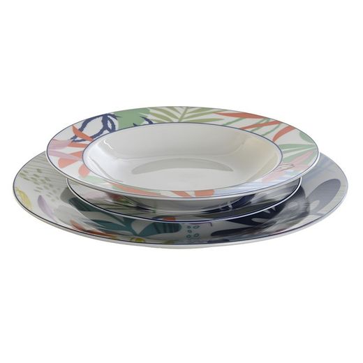 Vajilla de 18 piezas de porcelana en multicolor | Colección Hojas