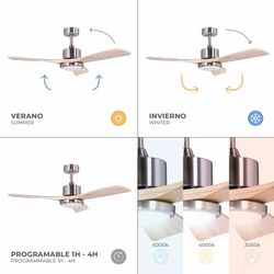Ventilatore da soffitto, 132 cm Ø x 40 cm, in legno e metallo, finitura naturale chiara e argento | Collezione Tramontana DC