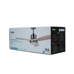 Ventilatore da soffitto, 132 cm Ø x 40 cm, in legno e metallo, finitura naturale chiara e argento | Collezione Tramontana DC