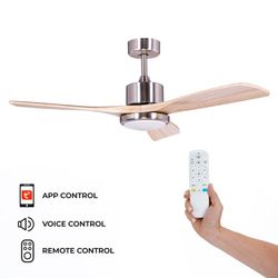Ventilatore da soffitto, 132 cm Ø x 40 cm, in legno e metallo, finitura naturale chiara e argento | Collezione Tramontana DC