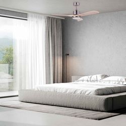 Ventilatore da soffitto, 132 cm Ø x 40 cm, in legno e metallo, finitura naturale chiara e argento | Collezione Tramontana DC