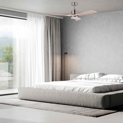 Ventilatore da soffitto, 132 cm Ø x 40 cm, in legno e metallo, finitura naturale chiara e argento | Collezione Tramontana DC