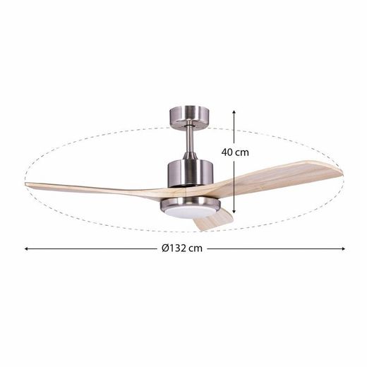 Ventilatore da soffitto, 132 cm Ø x 40 cm, in legno e metallo, finitura naturale chiara e argento | Collezione Tramontana DC