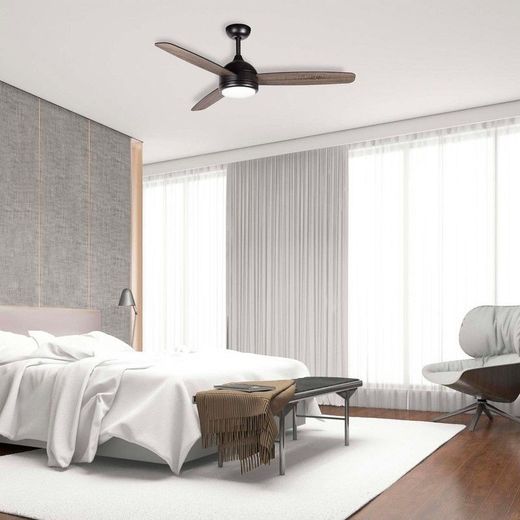 Ventilatore da soffitto, 132 cm Ø x 40 cm, in legno e metallo, colore noce e nero opaco | Collezione Siroco DC