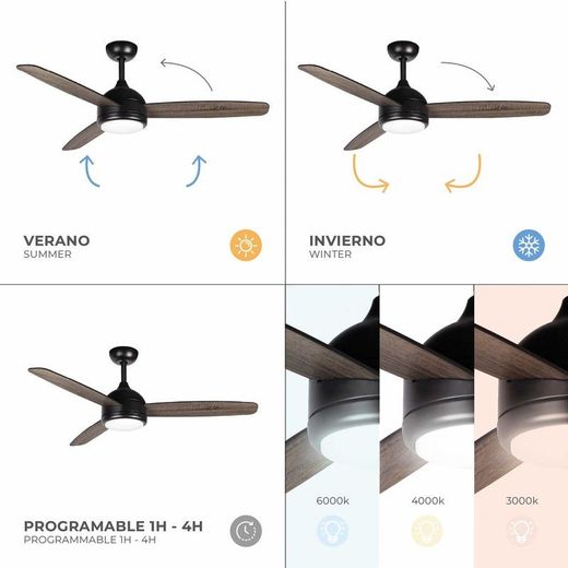 Ventilatore da soffitto, 132 cm Ø x 40 cm, in legno e metallo, colore noce e nero opaco | Collezione Siroco DC