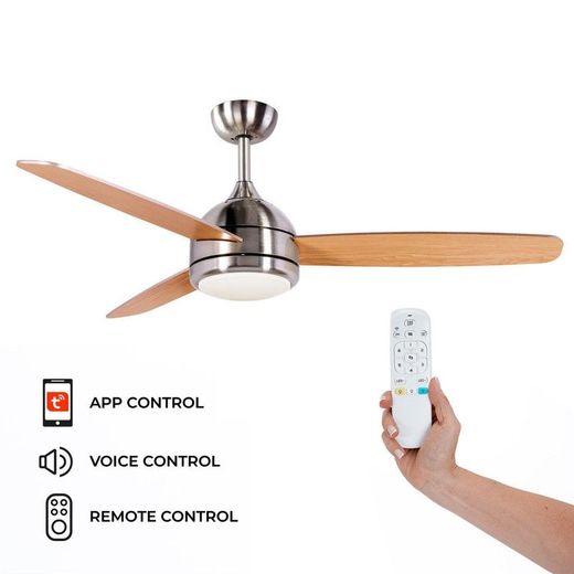 Ventilatore da soffitto, 132 cm Ø x 40 cm, in legno e metallo naturale e argento | Collezione Siroco DC