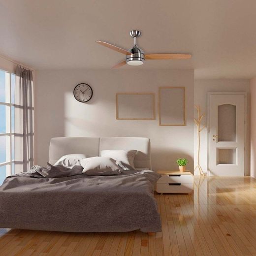 Ventilatore da soffitto, 132 cm Ø x 40 cm, in legno e metallo naturale e argento | Collezione Siroco DC