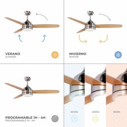 Ventilatore da soffitto, 132 cm Ø x 40 cm, in legno e metallo naturale e argento | Collezione Siroco DC
