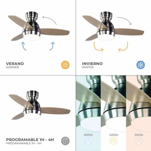 Ventilatore da soffitto, 92 cm Ø x 34 cm, in legno e metallo, finitura naturale e argento | Collezione Mistral DC