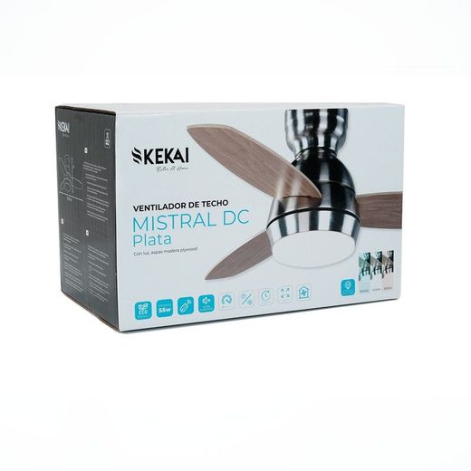 Ventilatore da soffitto, 92 cm Ø x 34 cm, in legno e metallo, finitura naturale e argento | Collezione Mistral DC