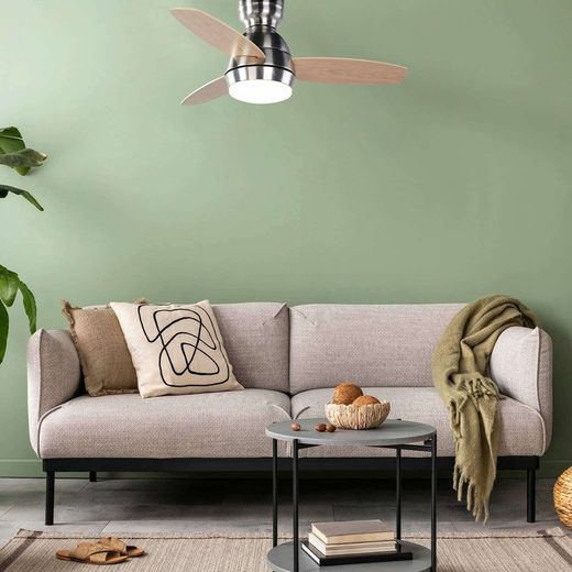 Ventilatore da soffitto, 92 cm Ø x 34 cm, in legno e metallo, finitura naturale e argento | Collezione Mistral DC