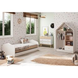 Armadio per bambini, 110 x 45 x 180 cm, in legno di pino bianco e naturale | Collezione Estefania